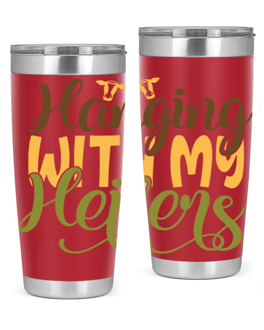 Hanging with My Heifers 20oz Tumbler featuring a double wall vacuum stainless steel design with a copper lining, perfect for hot and cold beverages.