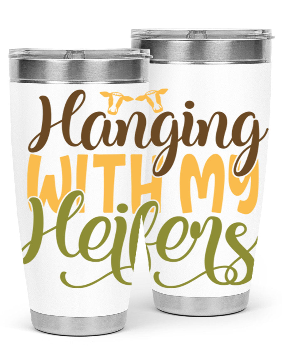 Hanging with My Heifers 20oz Tumbler featuring a double wall vacuum stainless steel design with a copper lining, perfect for hot and cold beverages.