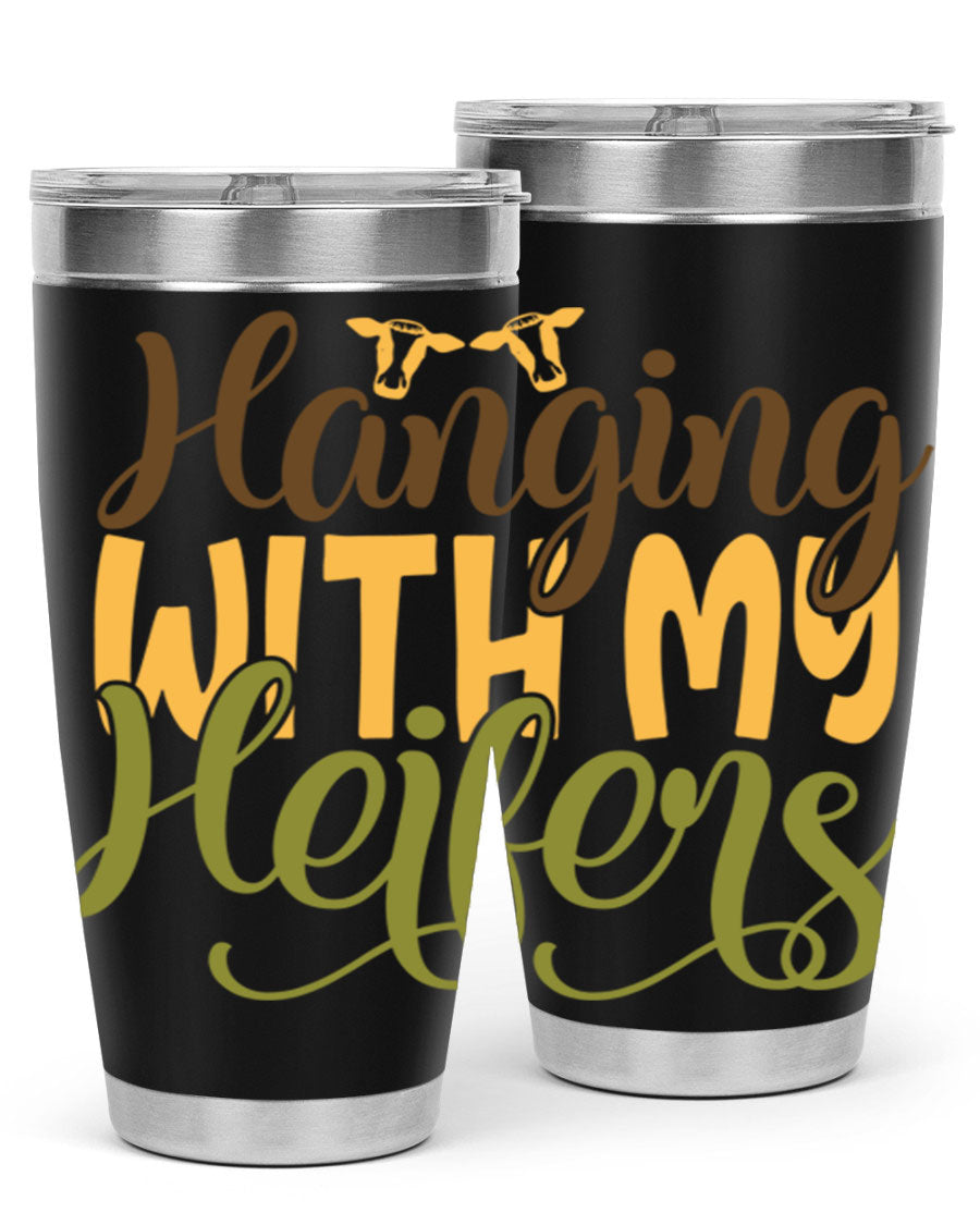 Hanging with My Heifers 20oz Tumbler featuring a double wall vacuum stainless steel design with a copper lining, perfect for hot and cold beverages.