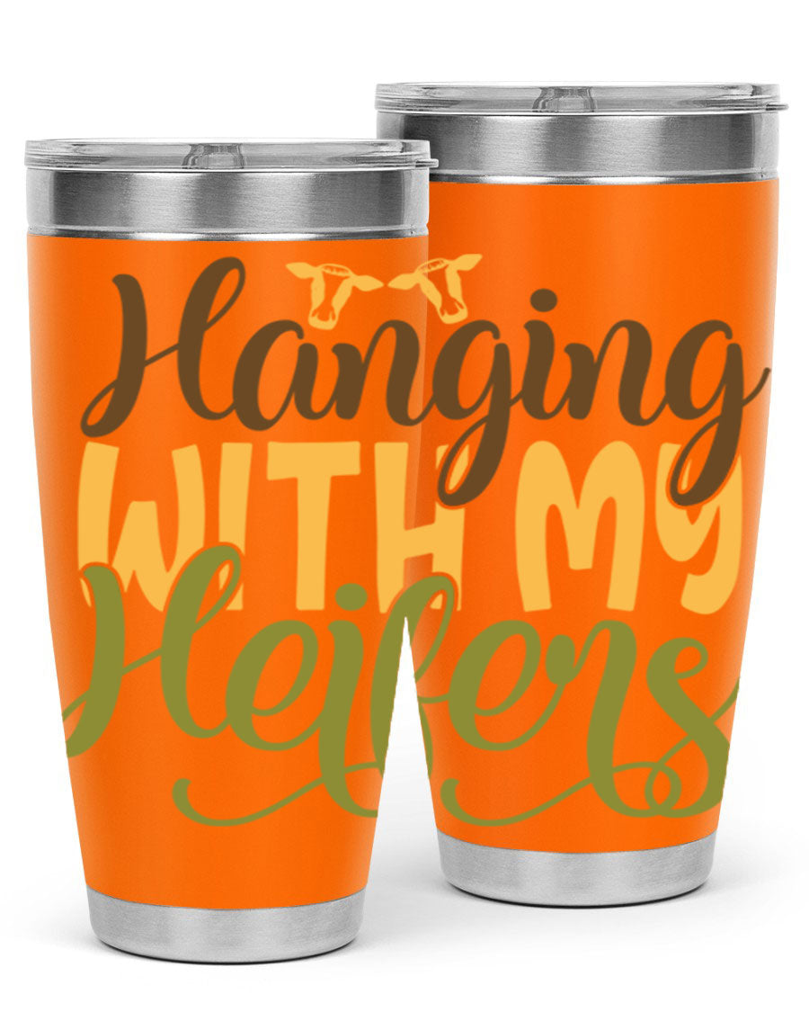Hanging with My Heifers 20oz Tumbler featuring a double wall vacuum stainless steel design with a copper lining, perfect for hot and cold beverages.