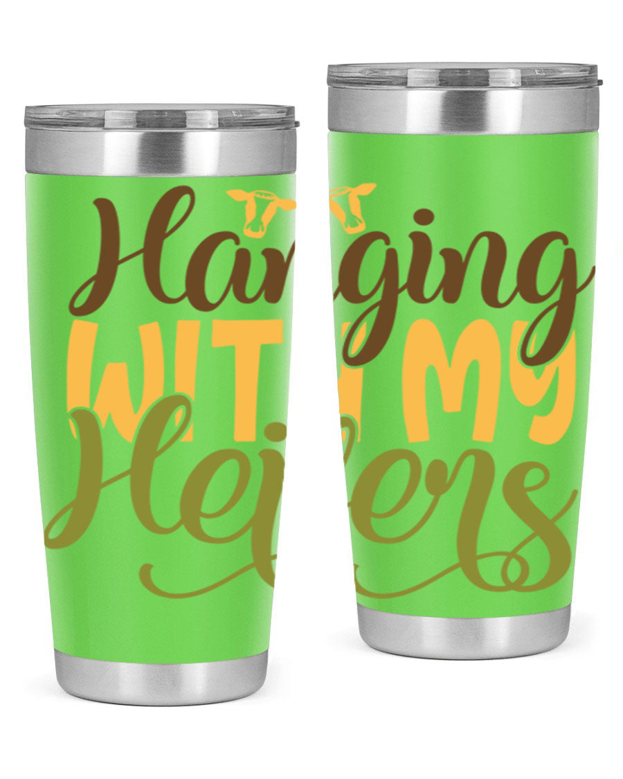 Hanging with My Heifers 20oz Tumbler featuring a double wall vacuum stainless steel design with a copper lining, perfect for hot and cold beverages.