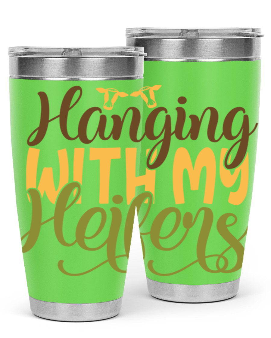 Hanging with My Heifers 20oz Tumbler featuring a double wall vacuum stainless steel design with a copper lining, perfect for hot and cold beverages.