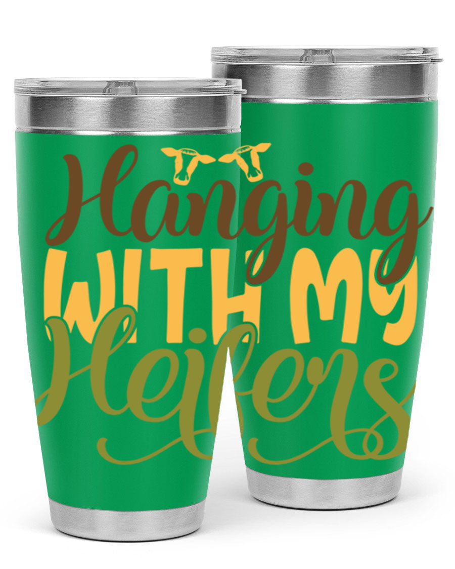 Hanging with My Heifers 20oz Tumbler featuring a double wall vacuum stainless steel design with a copper lining, perfect for hot and cold beverages.