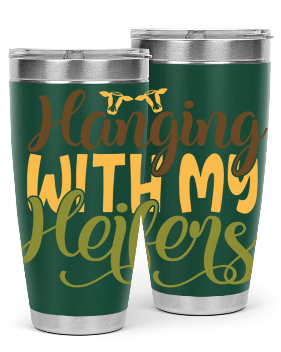 Hanging with My Heifers 20oz Tumbler featuring a double wall vacuum stainless steel design with a copper lining, perfect for hot and cold beverages.
