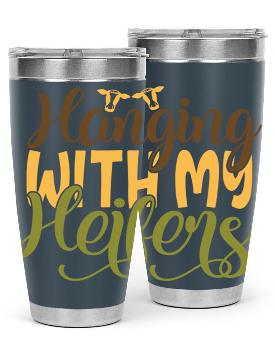 Hanging with My Heifers 20oz Tumbler featuring a double wall vacuum stainless steel design with a copper lining, perfect for hot and cold beverages.