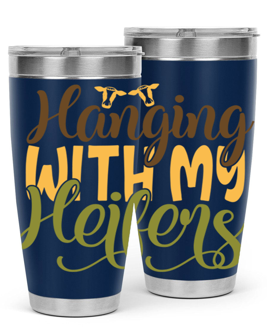 Hanging with My Heifers 20oz Tumbler featuring a double wall vacuum stainless steel design with a copper lining, perfect for hot and cold beverages.
