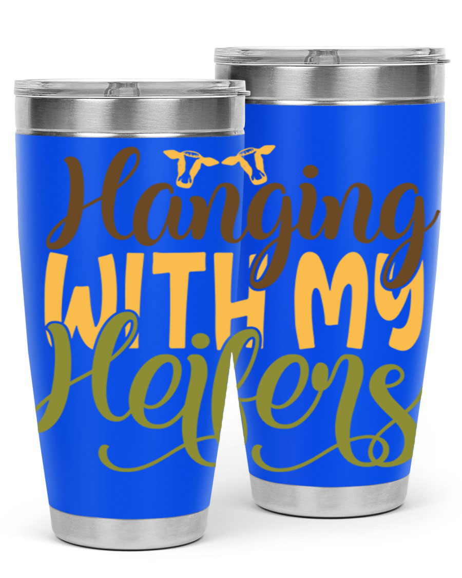 Hanging with My Heifers 20oz Tumbler featuring a double wall vacuum stainless steel design with a copper lining, perfect for hot and cold beverages.