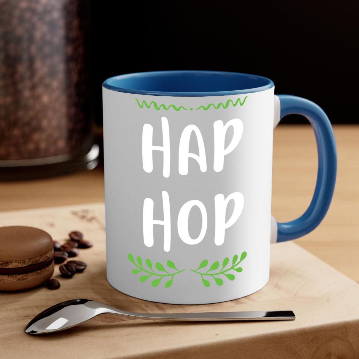 Hap hop style 244# Christmas Mug featuring a glossy finish, colored handle, and interior, available in multiple colors and sizes.