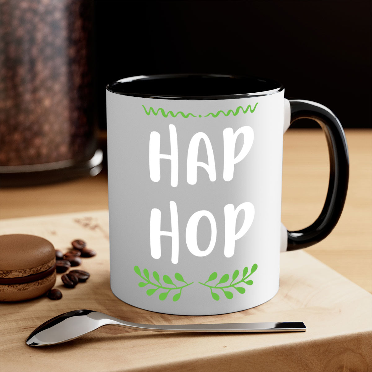 Hap hop style 244# Christmas Mug featuring a glossy finish, colored handle, and interior, available in multiple colors and sizes.
