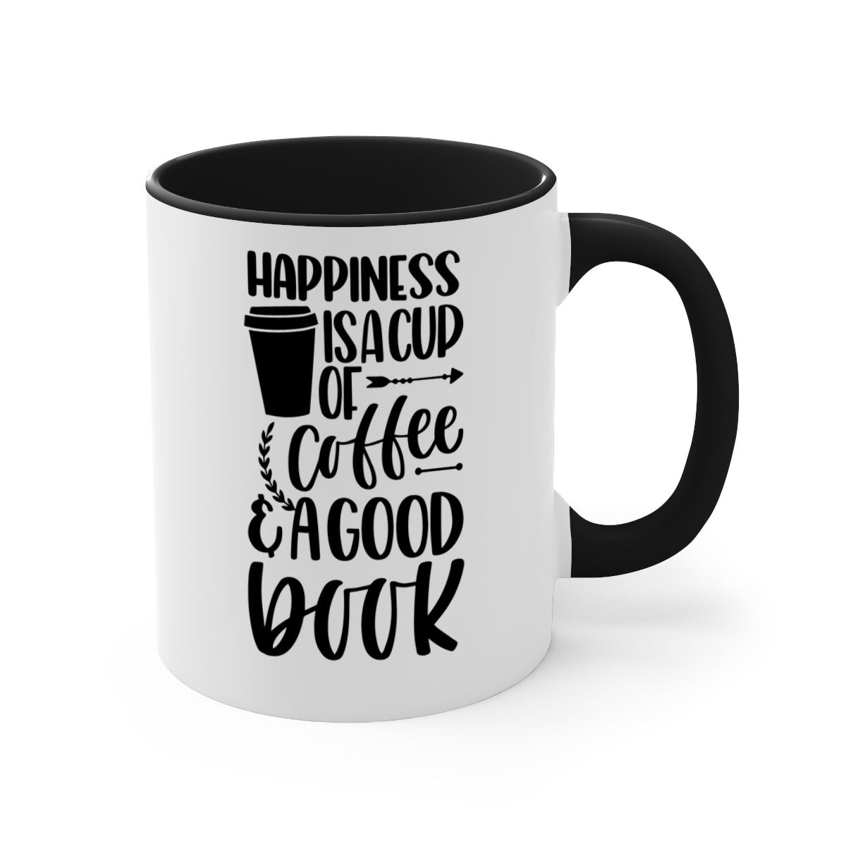 A two-tone ceramic mug with the phrase 'Happiness is a Cup of Coffee', featuring a colored handle and glossy finish.