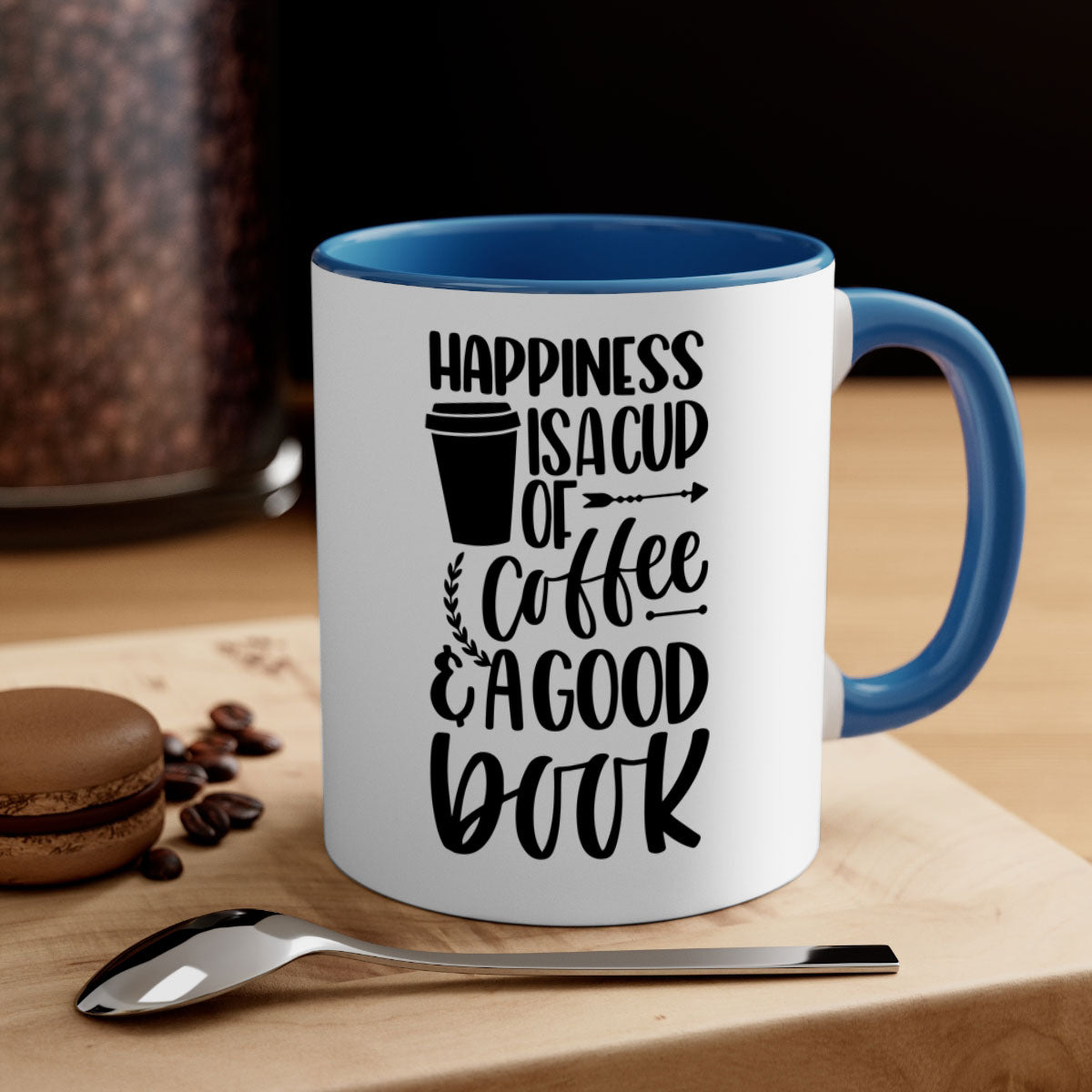 A two-tone ceramic mug with the phrase 'Happiness is a Cup of Coffee', featuring a colored handle and glossy finish.
