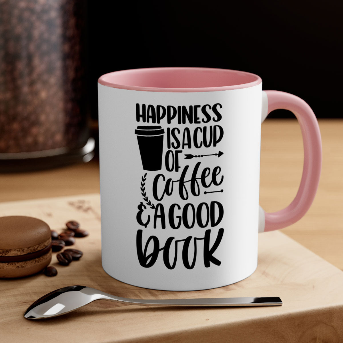 A two-tone ceramic mug with the phrase 'Happiness is a Cup of Coffee', featuring a colored handle and glossy finish.