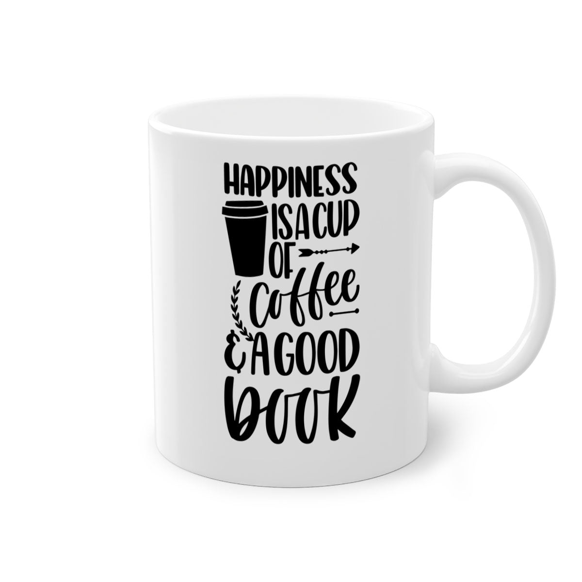 A two-tone ceramic mug with the phrase 'Happiness is a Cup of Coffee', featuring a colored handle and glossy finish.