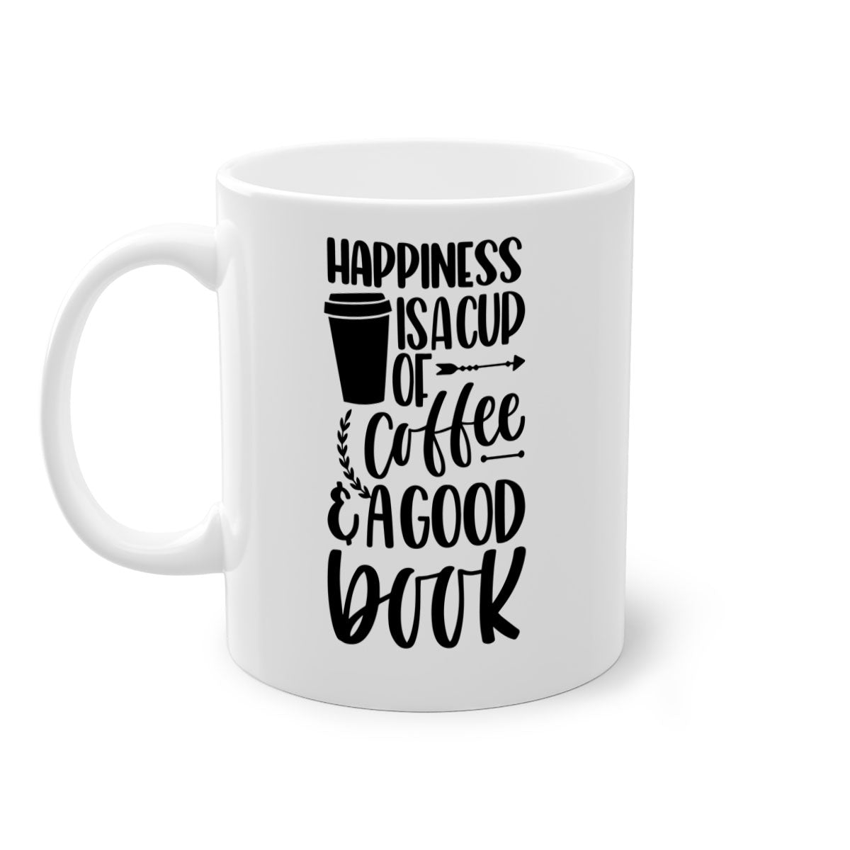 A two-tone ceramic mug with the phrase 'Happiness is a Cup of Coffee', featuring a colored handle and glossy finish.