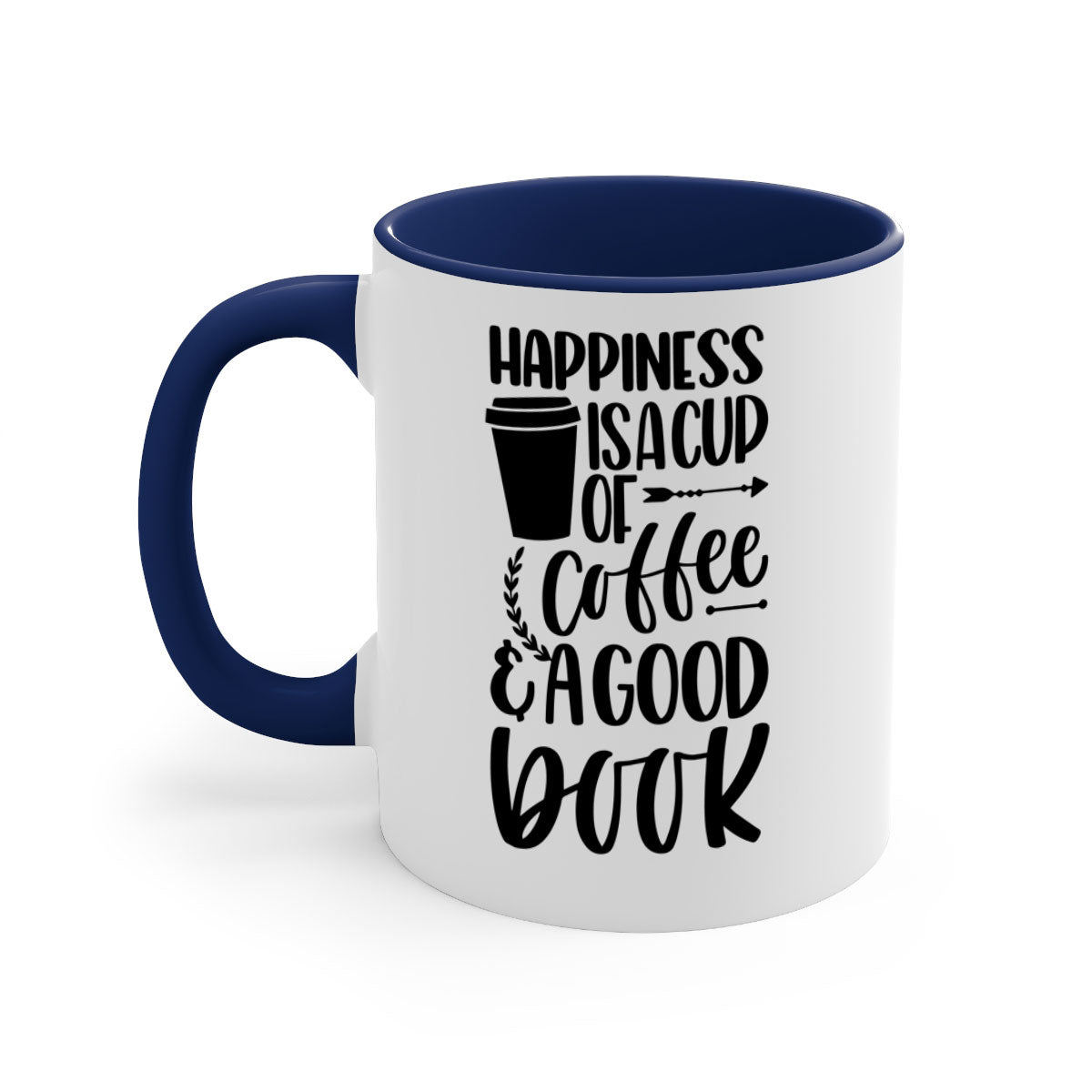 A two-tone ceramic mug with the phrase 'Happiness is a Cup of Coffee', featuring a colored handle and glossy finish.