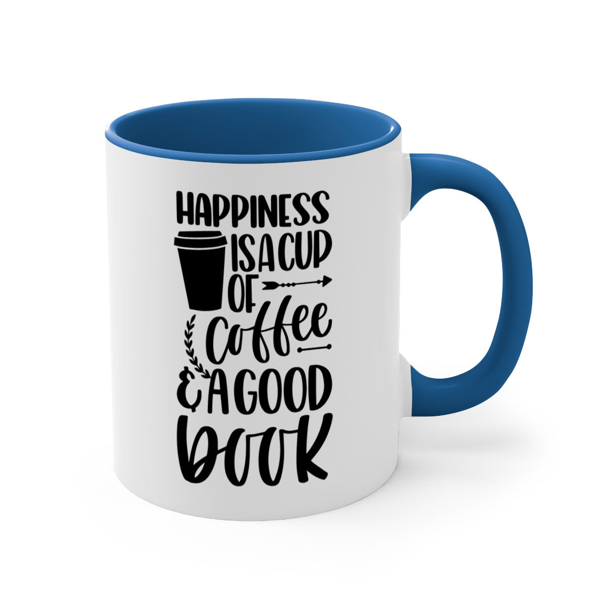 A two-tone ceramic mug with the phrase 'Happiness is a Cup of Coffee', featuring a colored handle and glossy finish.