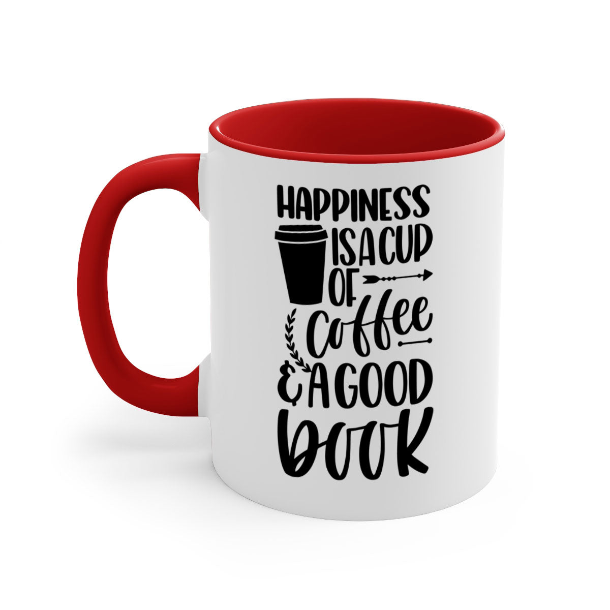 A two-tone ceramic mug with the phrase 'Happiness is a Cup of Coffee', featuring a colored handle and glossy finish.