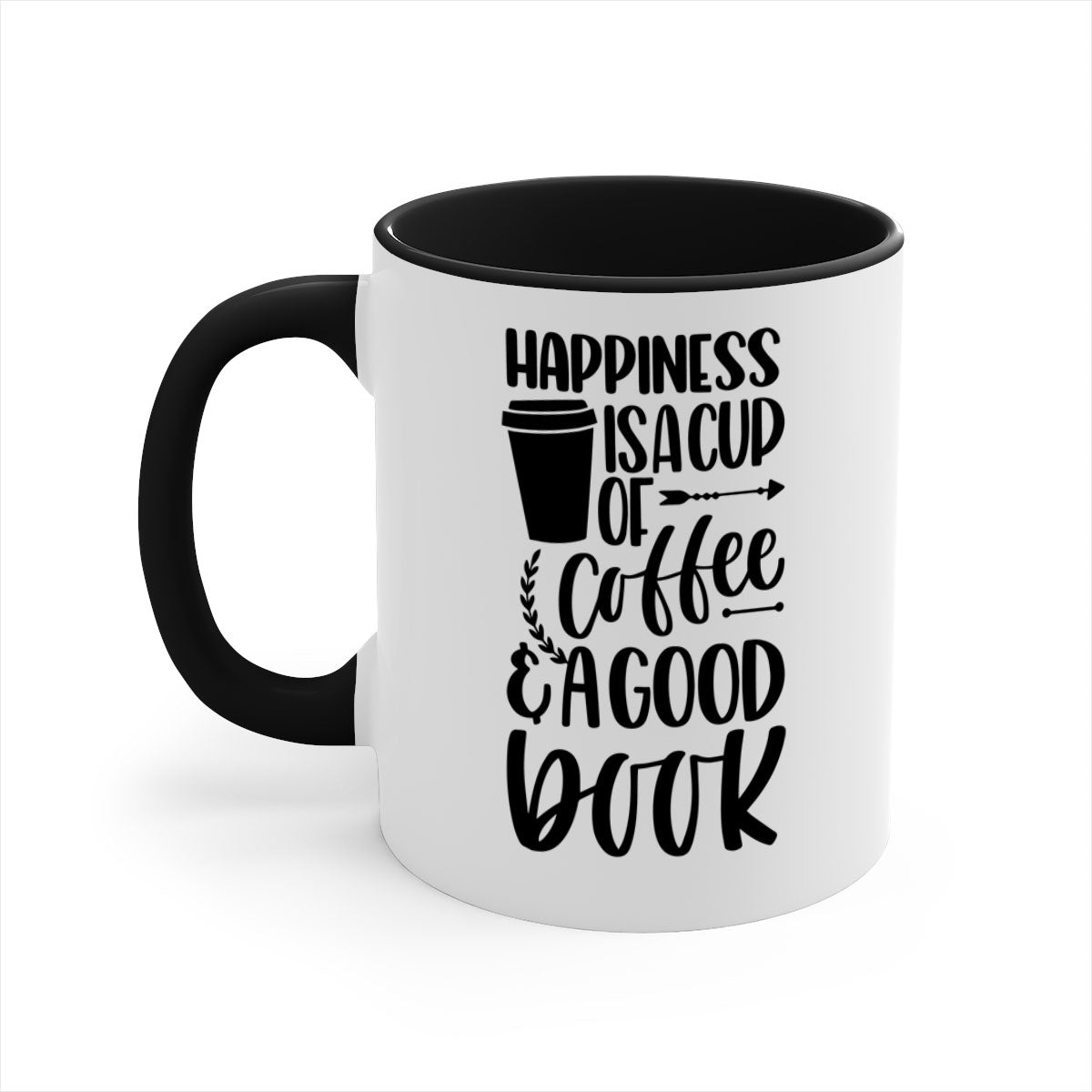 A two-tone ceramic mug with the phrase 'Happiness is a Cup of Coffee', featuring a colored handle and glossy finish.
