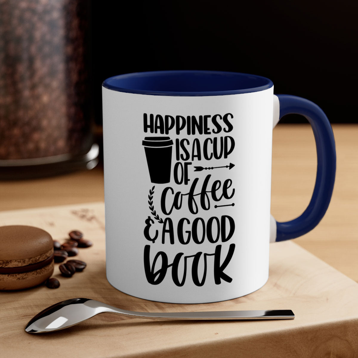 A two-tone ceramic mug with the phrase 'Happiness is a Cup of Coffee', featuring a colored handle and glossy finish.