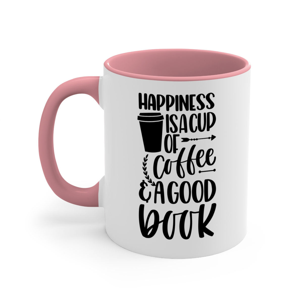 A two-tone ceramic mug with the phrase 'Happiness is a Cup of Coffee', featuring a colored handle and glossy finish.