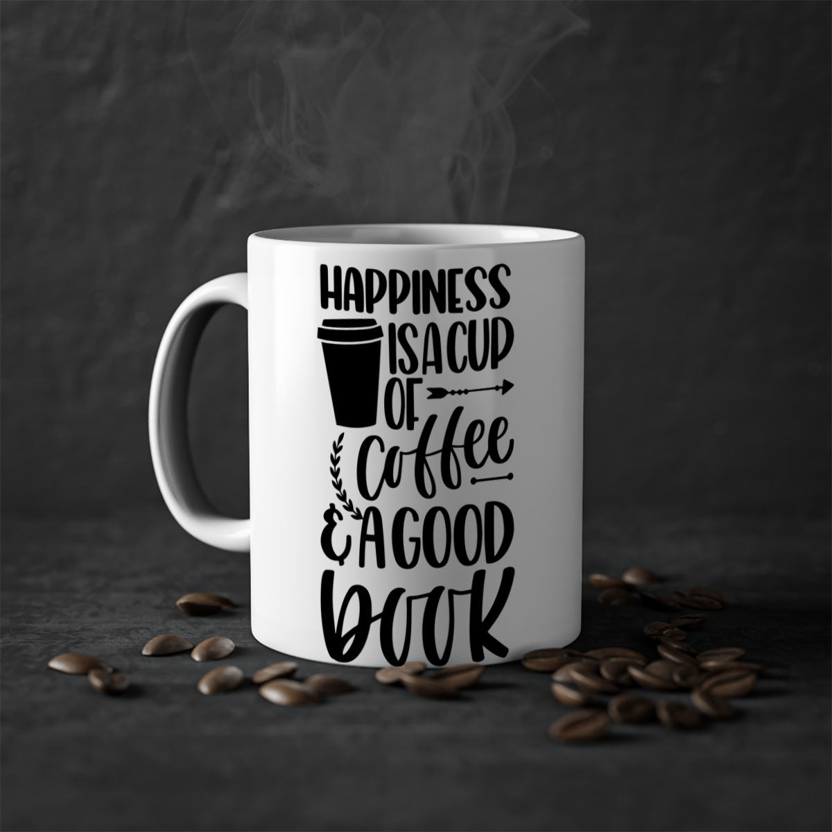A two-tone ceramic mug with the phrase 'Happiness is a Cup of Coffee', featuring a colored handle and glossy finish.