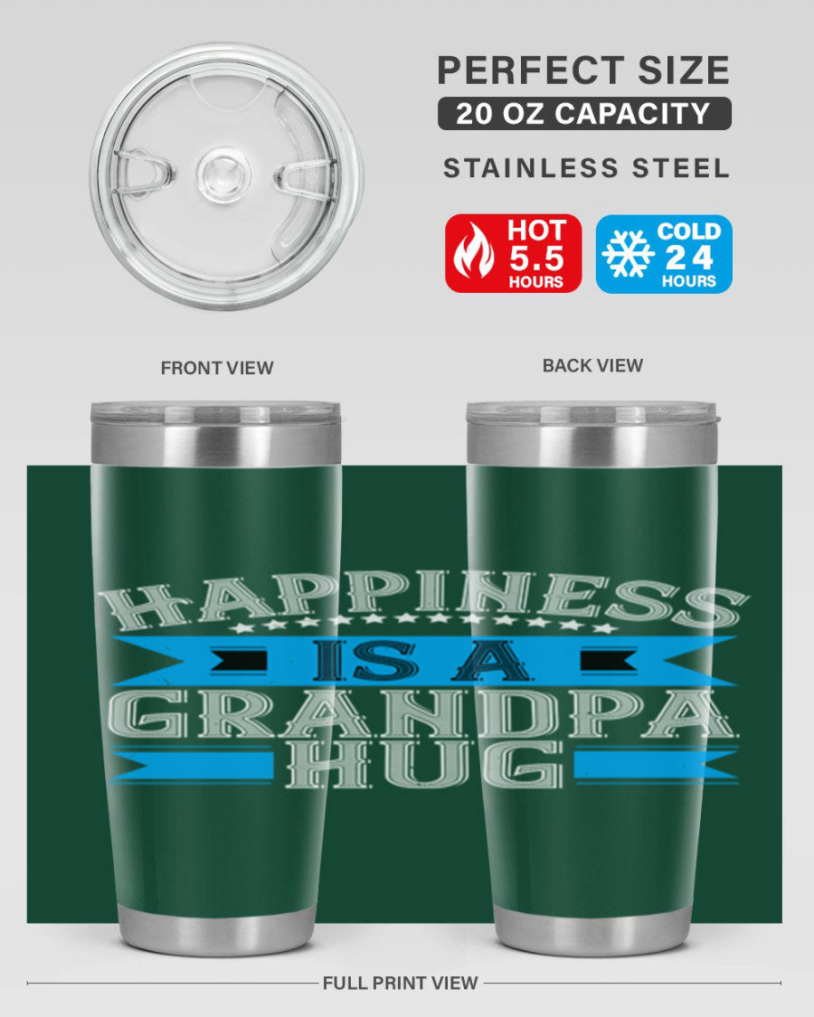 Happiness is a grandpa hug tumbler featuring a heartfelt design, made from double wall vacuum stainless steel with a copper lining.