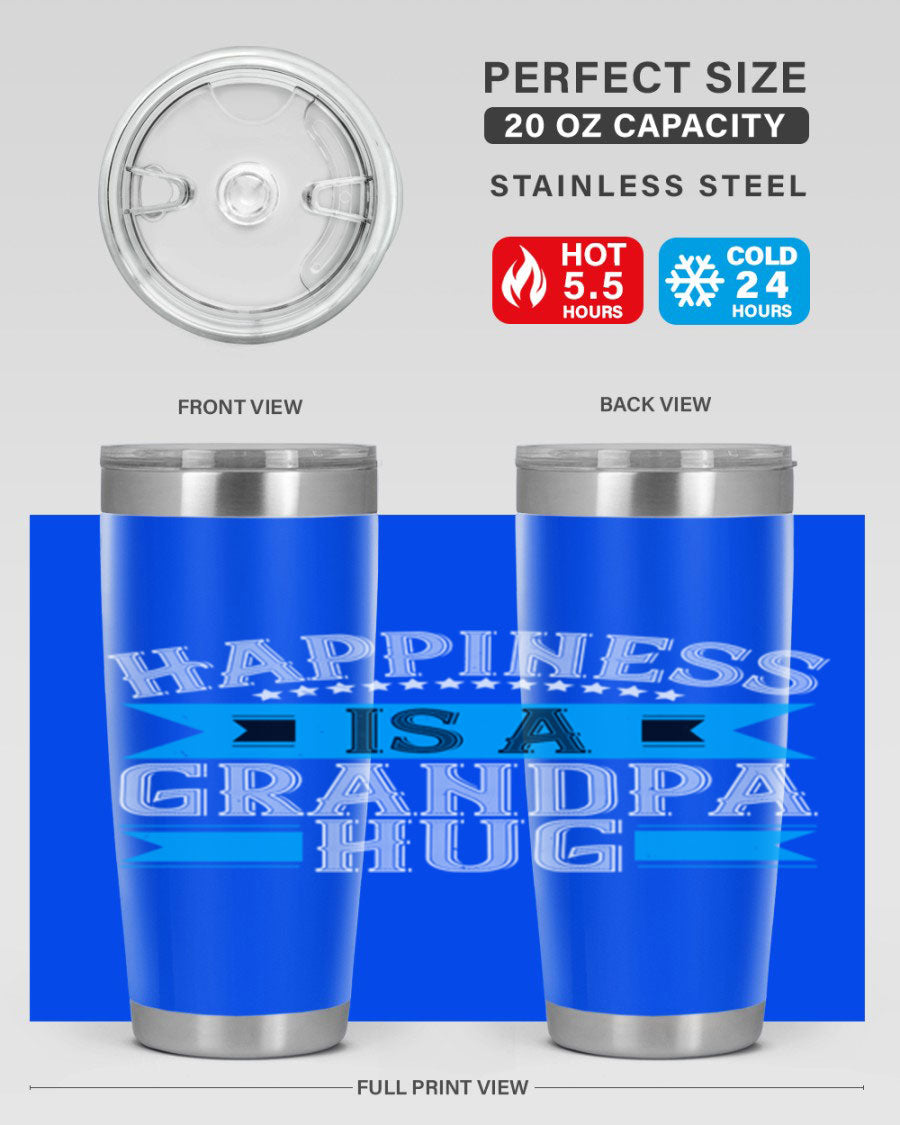 Happiness is a grandpa hug tumbler featuring a heartfelt design, made from double wall vacuum stainless steel with a copper lining.
