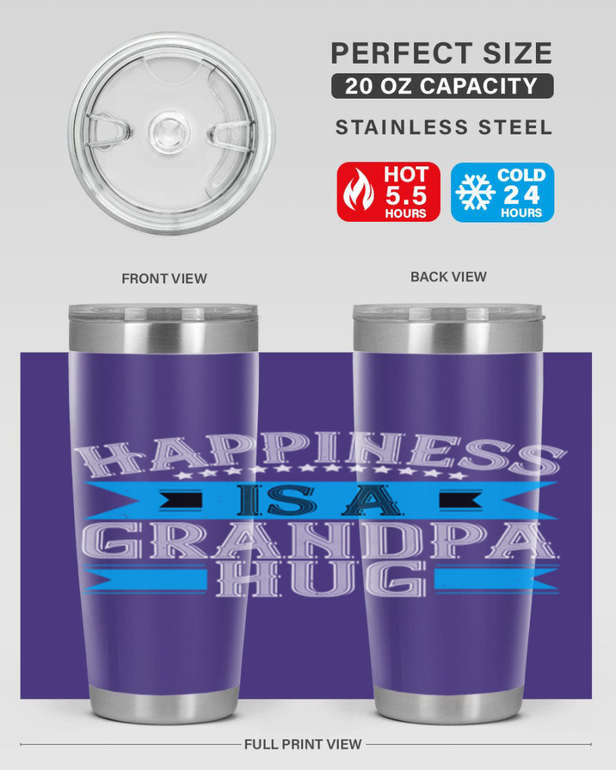 Happiness is a grandpa hug tumbler featuring a heartfelt design, made from double wall vacuum stainless steel with a copper lining.