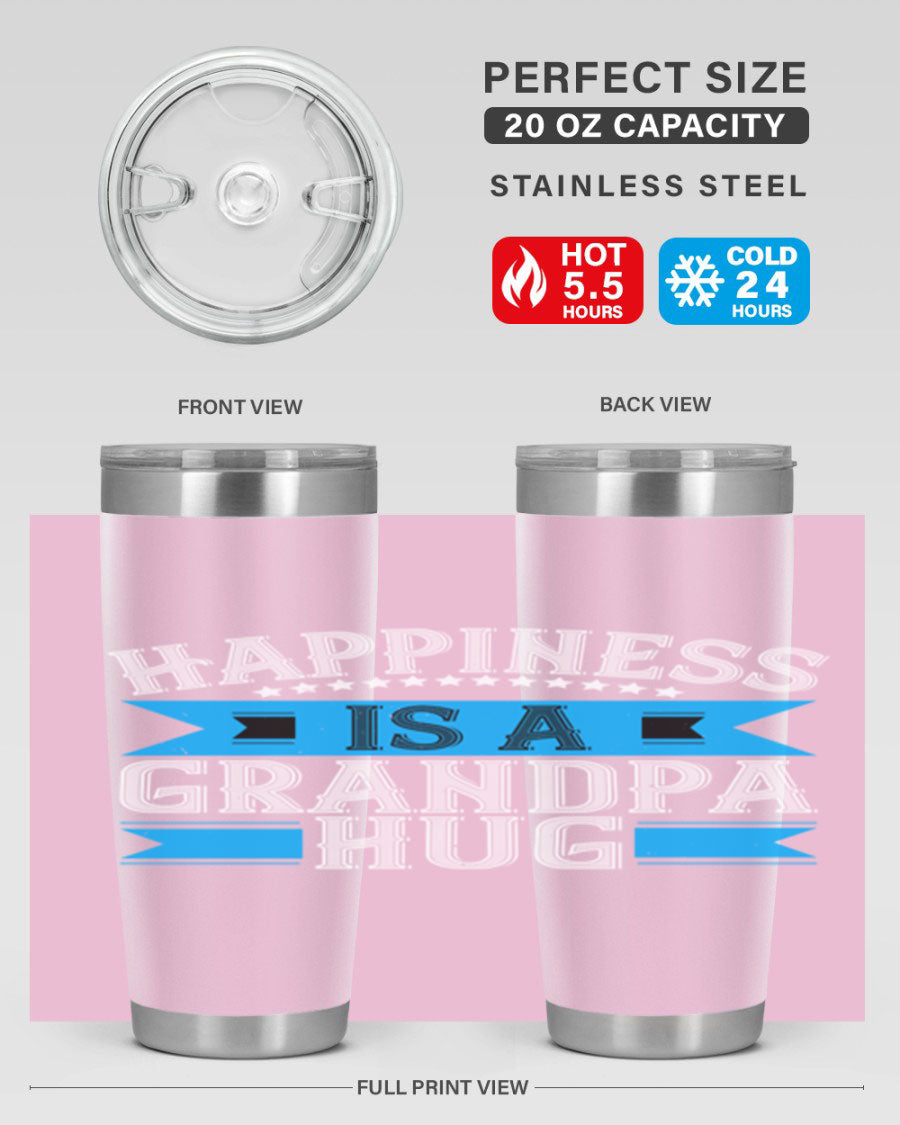 Happiness is a grandpa hug tumbler featuring a heartfelt design, made from double wall vacuum stainless steel with a copper lining.