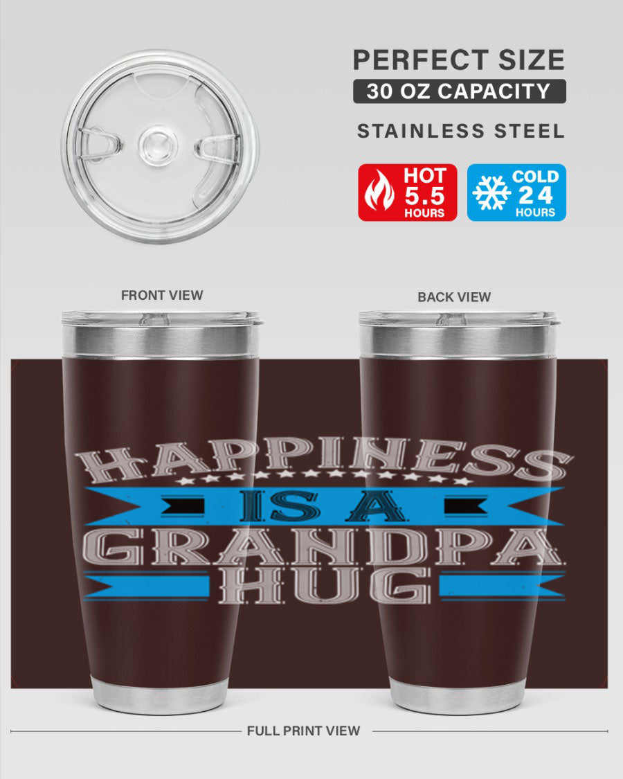 Happiness is a grandpa hug tumbler featuring a heartfelt design, made from double wall vacuum stainless steel with a copper lining.