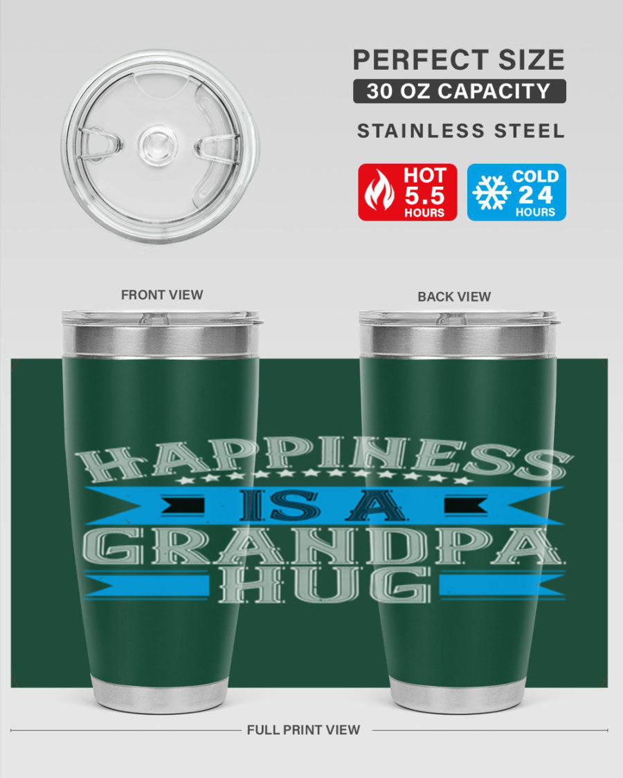Happiness is a grandpa hug tumbler featuring a heartfelt design, made from double wall vacuum stainless steel with a copper lining.