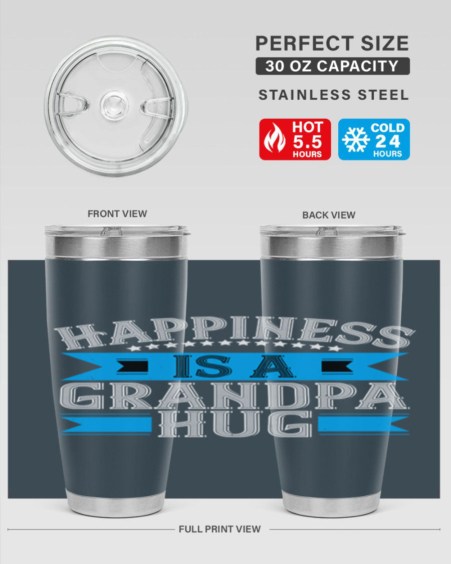 Happiness is a grandpa hug tumbler featuring a heartfelt design, made from double wall vacuum stainless steel with a copper lining.