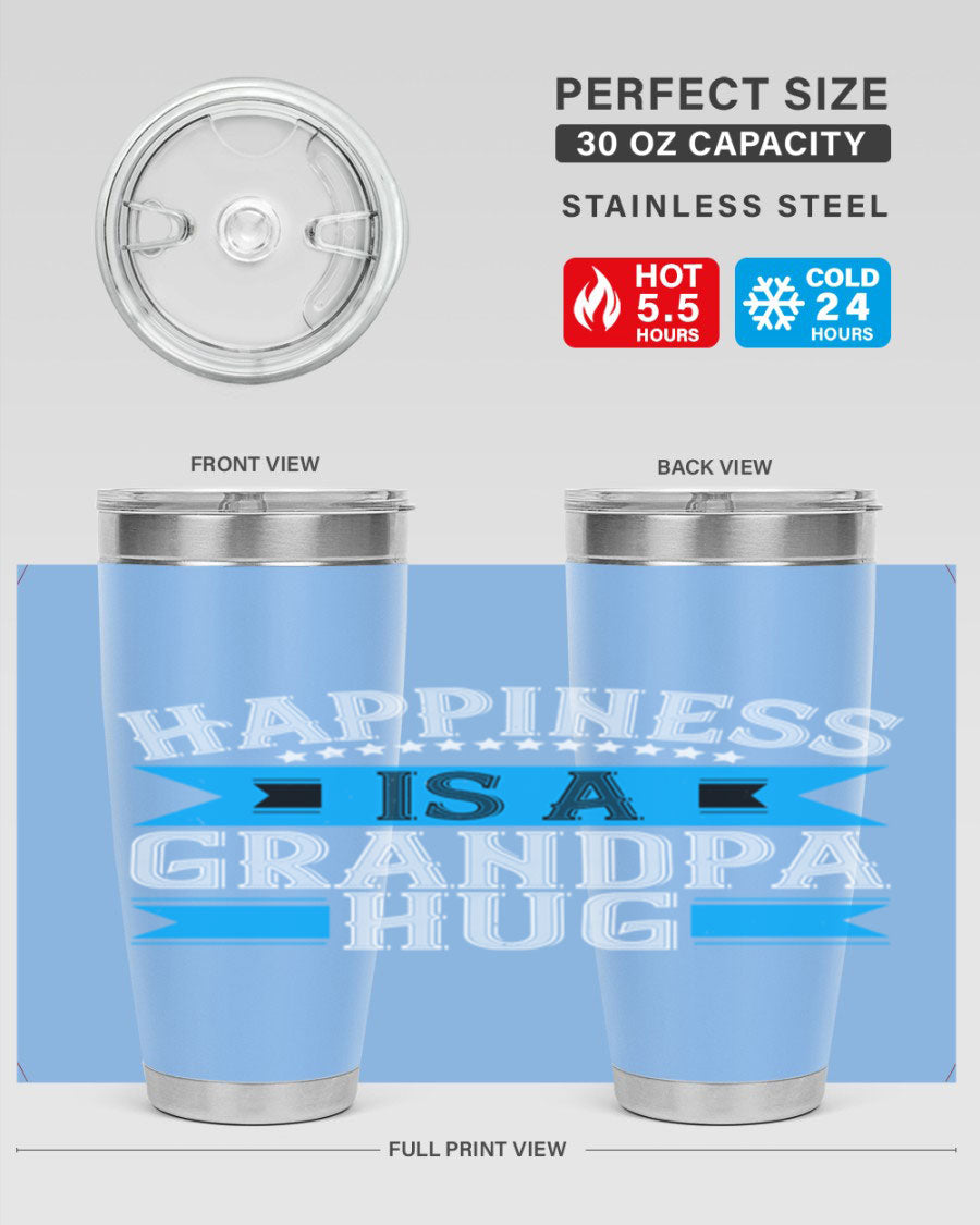 Happiness is a grandpa hug tumbler featuring a heartfelt design, made from double wall vacuum stainless steel with a copper lining.