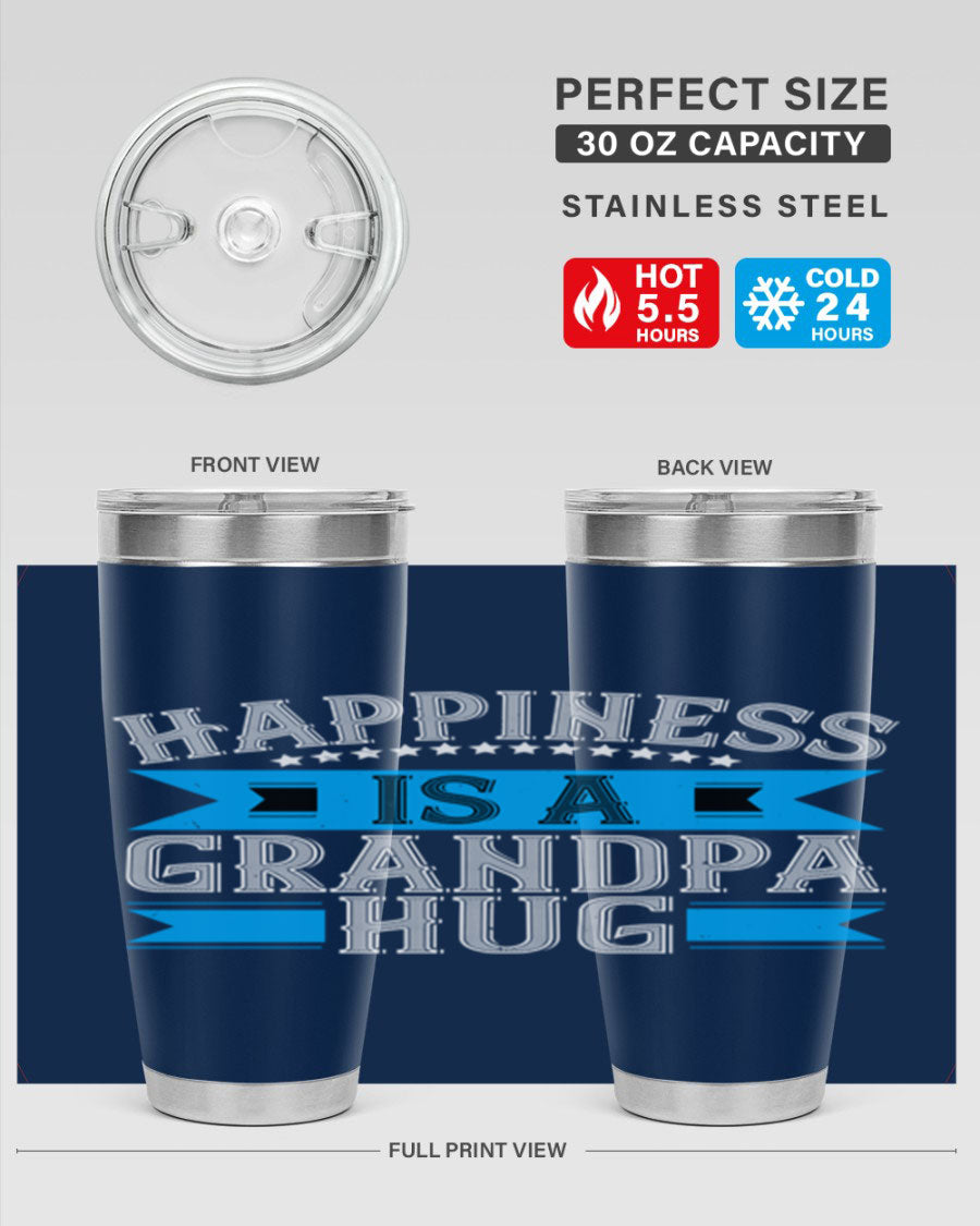 Happiness is a grandpa hug tumbler featuring a heartfelt design, made from double wall vacuum stainless steel with a copper lining.