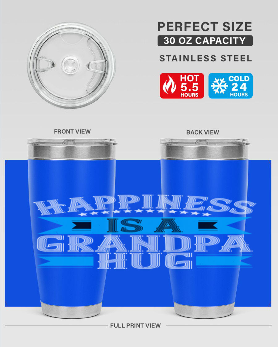 Happiness is a grandpa hug tumbler featuring a heartfelt design, made from double wall vacuum stainless steel with a copper lining.