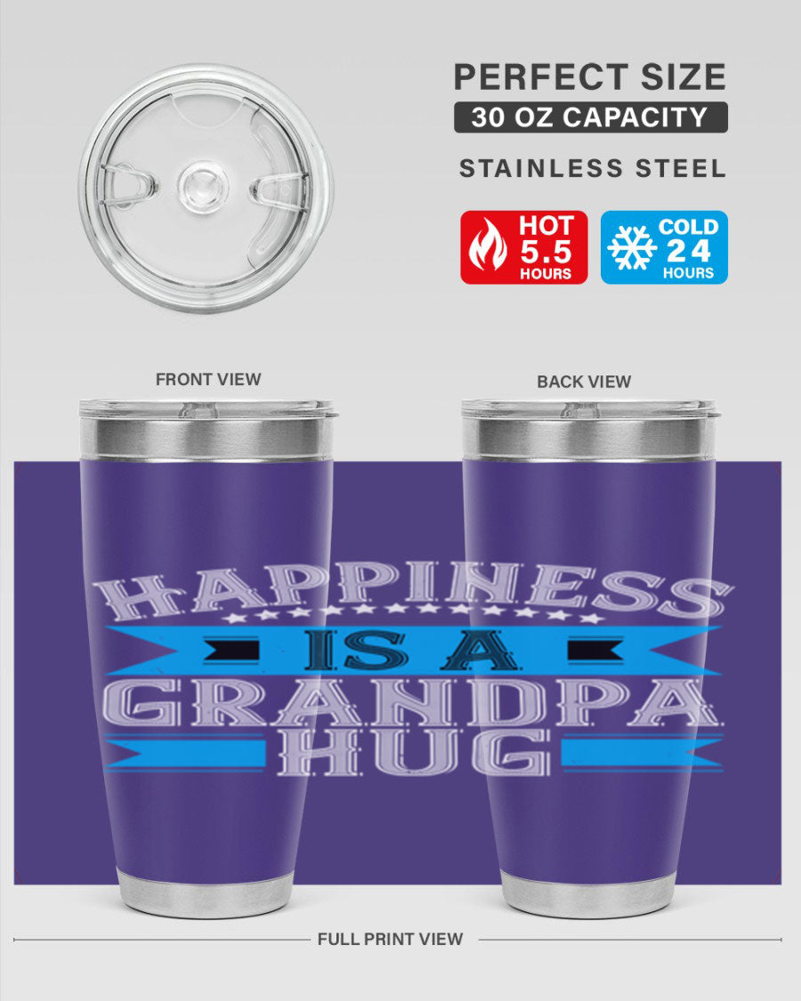 Happiness is a grandpa hug tumbler featuring a heartfelt design, made from double wall vacuum stainless steel with a copper lining.