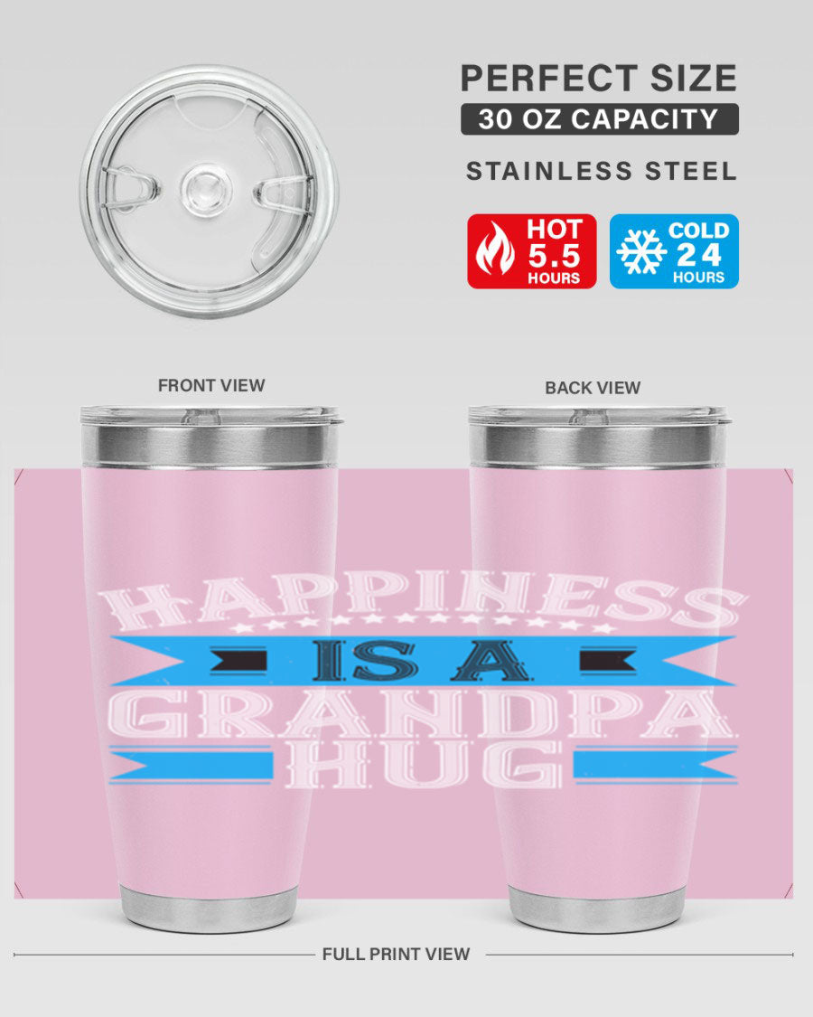 Happiness is a grandpa hug tumbler featuring a heartfelt design, made from double wall vacuum stainless steel with a copper lining.
