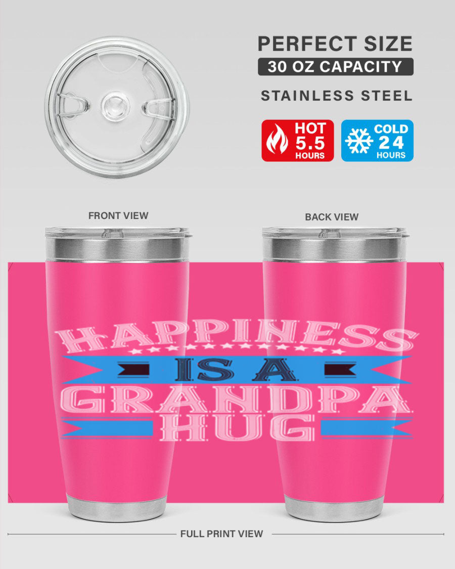 Happiness is a grandpa hug tumbler featuring a heartfelt design, made from double wall vacuum stainless steel with a copper lining.