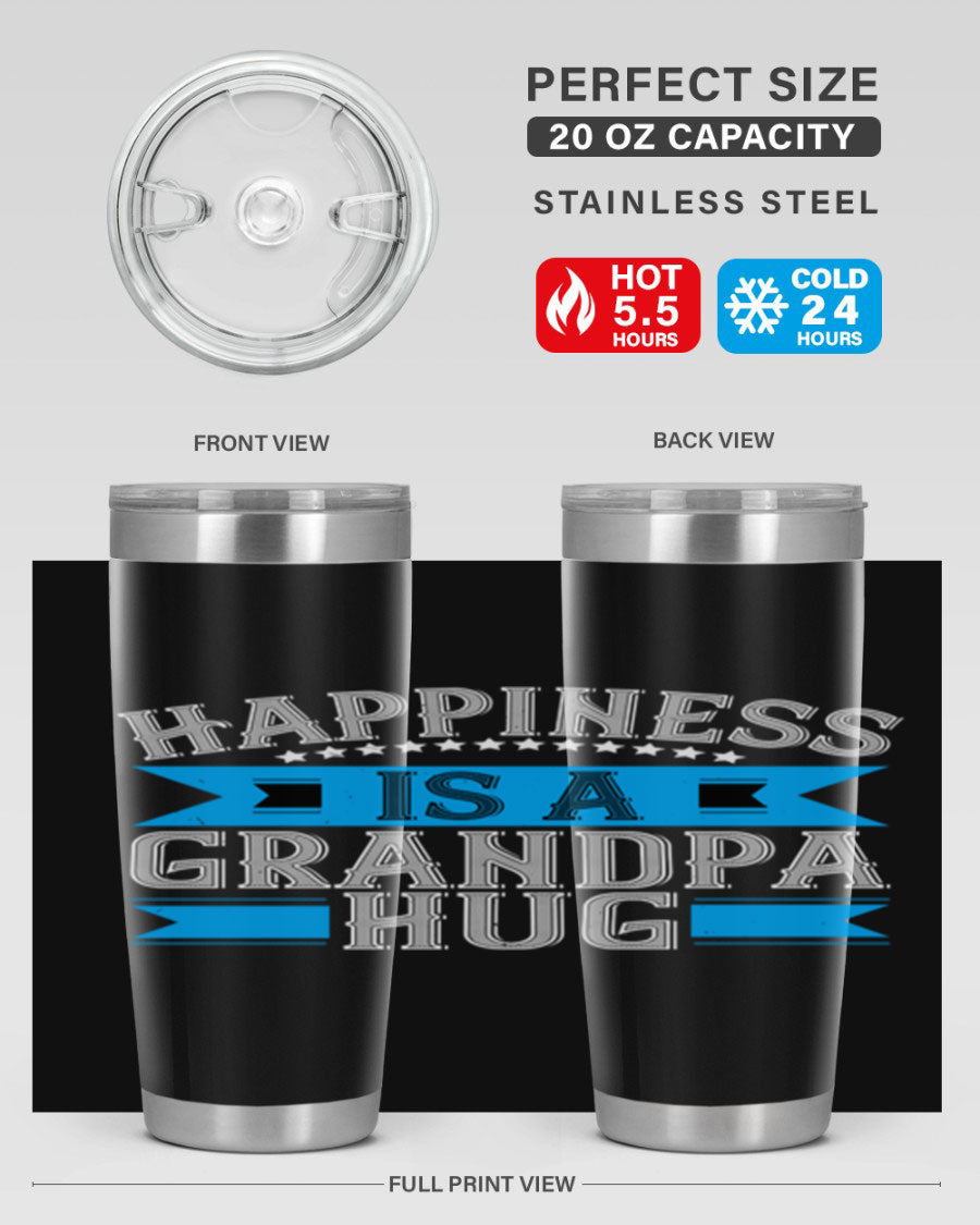 Happiness is a grandpa hug tumbler featuring a heartfelt design, made from double wall vacuum stainless steel with a copper lining.