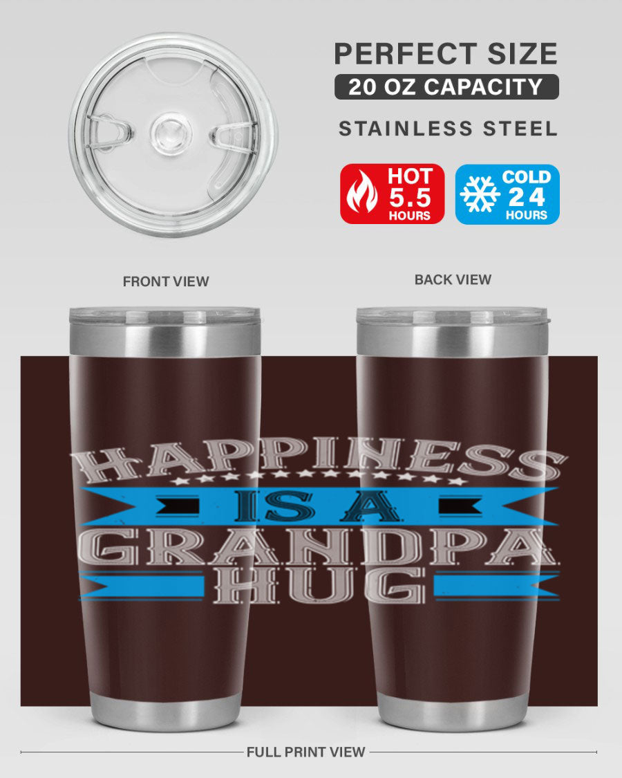 Happiness is a grandpa hug tumbler featuring a heartfelt design, made from double wall vacuum stainless steel with a copper lining.
