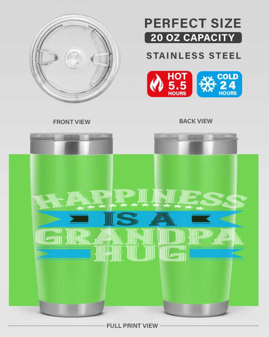 Happiness is a grandpa hug tumbler featuring a heartfelt design, made from double wall vacuum stainless steel with a copper lining.