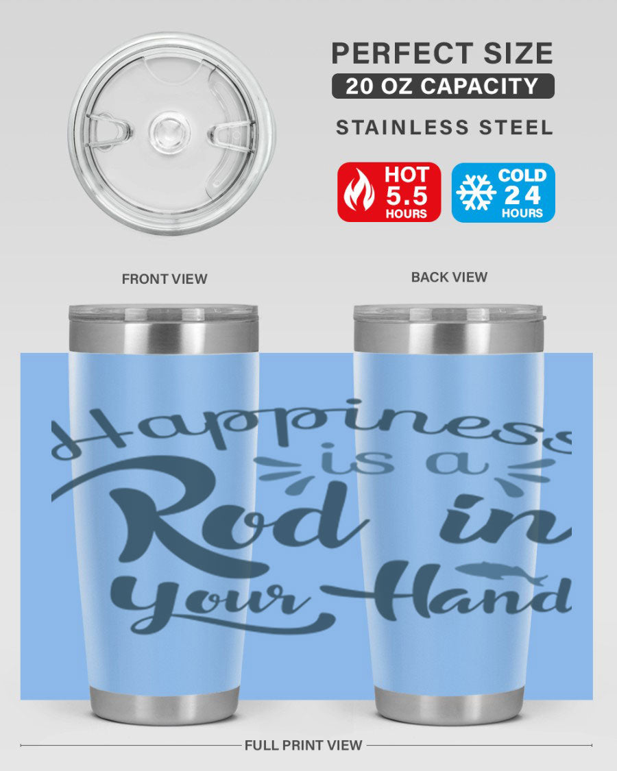 Happiness is a Rod 123# Fishing Tumbler in stainless steel with a vibrant fishing-themed design, showcasing its double wall vacuum insulation.