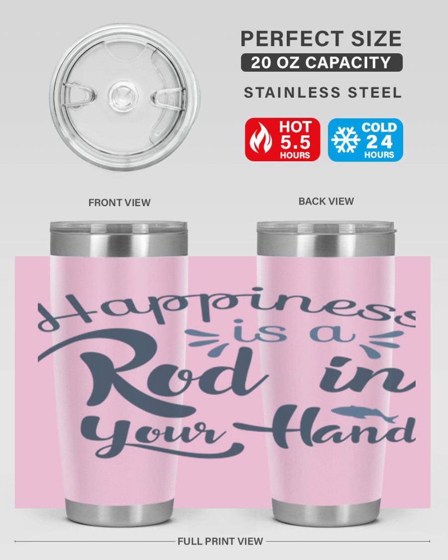 Happiness is a Rod 123# Fishing Tumbler in stainless steel with a vibrant fishing-themed design, showcasing its double wall vacuum insulation.
