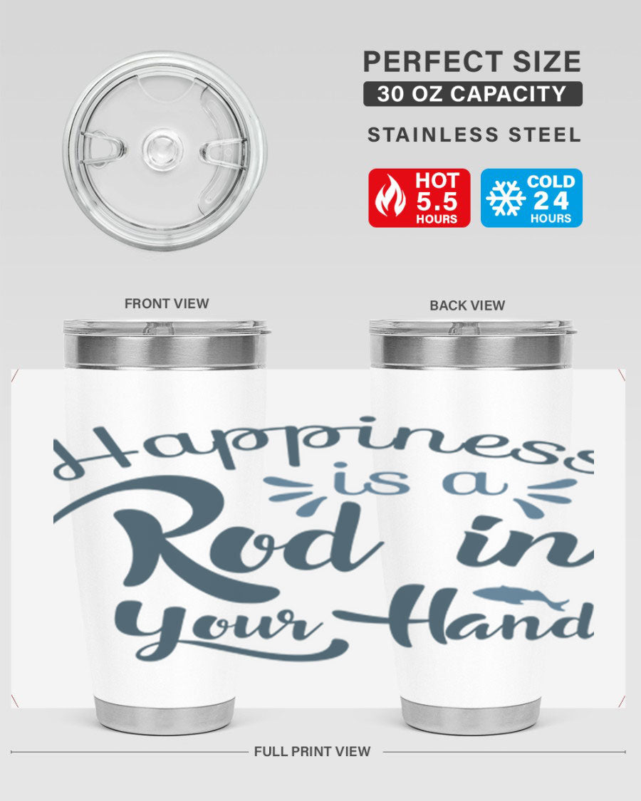 Happiness is a Rod 123# Fishing Tumbler in stainless steel with a vibrant fishing-themed design, showcasing its double wall vacuum insulation.