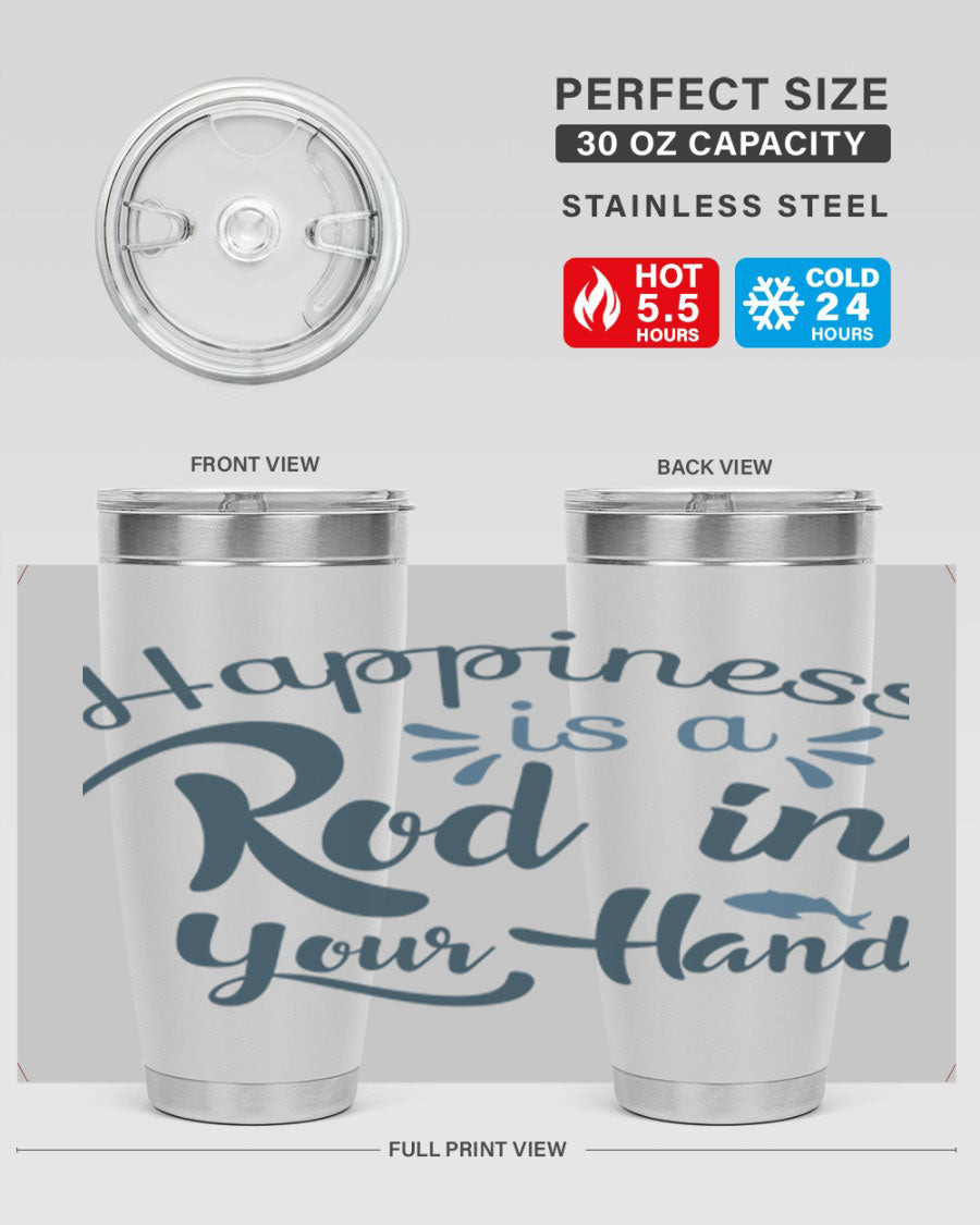 Happiness is a Rod 123# Fishing Tumbler in stainless steel with a vibrant fishing-themed design, showcasing its double wall vacuum insulation.