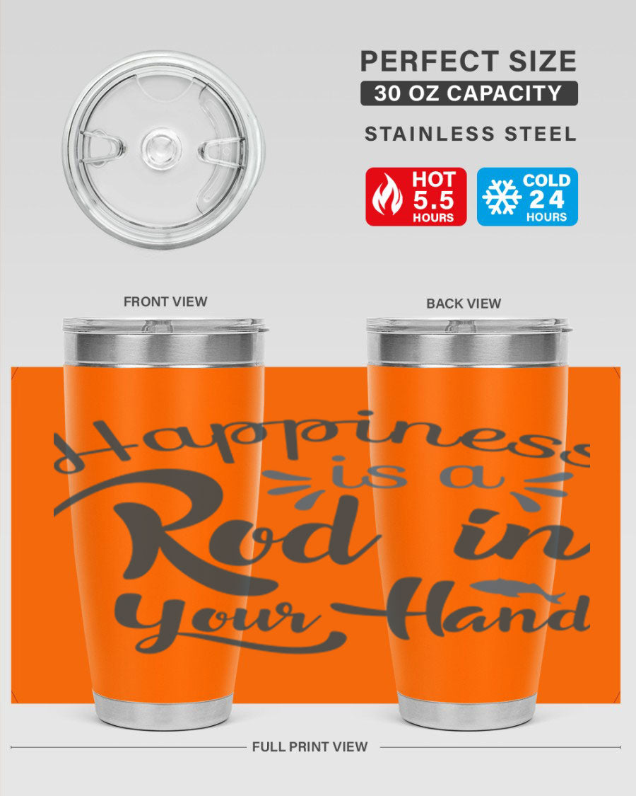 Happiness is a Rod 123# Fishing Tumbler in stainless steel with a vibrant fishing-themed design, showcasing its double wall vacuum insulation.