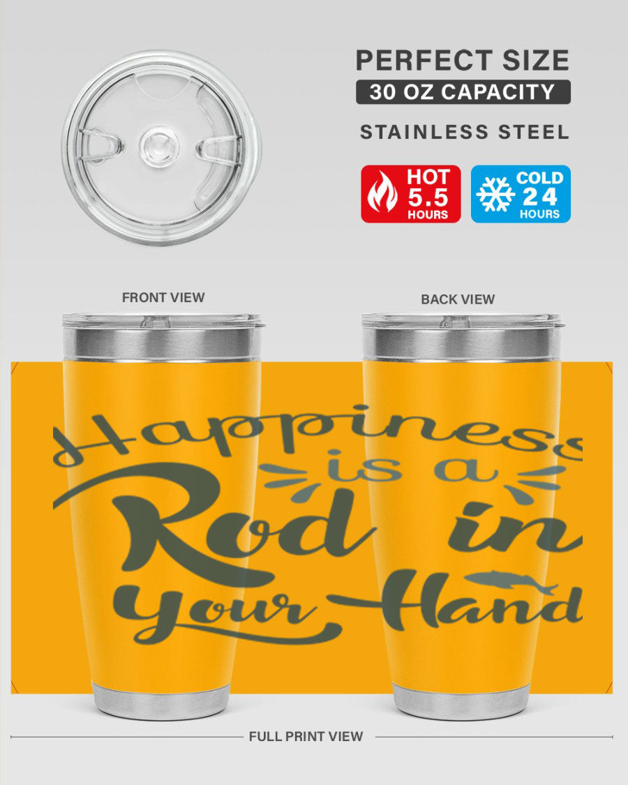 Happiness is a Rod 123# Fishing Tumbler in stainless steel with a vibrant fishing-themed design, showcasing its double wall vacuum insulation.