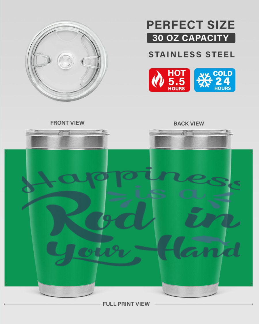 Happiness is a Rod 123# Fishing Tumbler in stainless steel with a vibrant fishing-themed design, showcasing its double wall vacuum insulation.