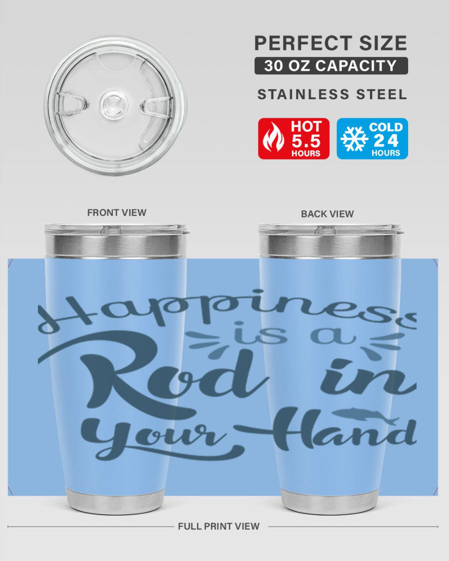 Happiness is a Rod 123# Fishing Tumbler in stainless steel with a vibrant fishing-themed design, showcasing its double wall vacuum insulation.