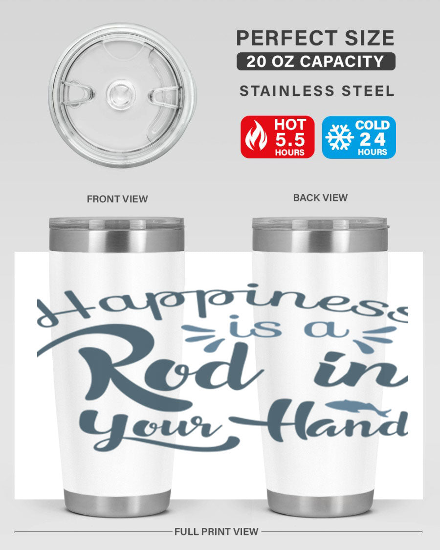 Happiness is a Rod 123# Fishing Tumbler in stainless steel with a vibrant fishing-themed design, showcasing its double wall vacuum insulation.